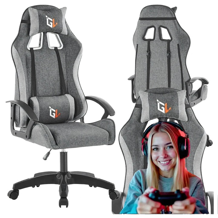 Геймърски въртящ се стол, Zola, ергономичен, възглавница за врат/гръб, регулируема височина, поддържано тегло 100 кг, въртене на 360°, сив
