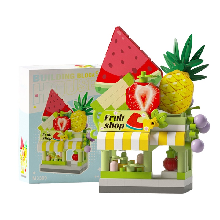 Мини магазин за плодове от строителни блокчета, строителни блокчета, играчка за сглобяване, 5.6×3×7.5см, образователна, безопасна, играчка за деца и възрастни, играчка за сглобяване на плодове