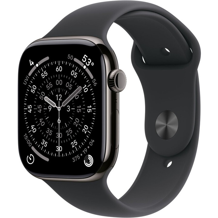 Ceas inteligent Apple Watch Seria 11, GPS + Cellular, 46mm, titan gri, bratara neagra, M/L