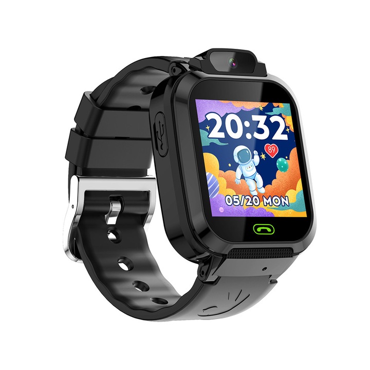 Ceas smartwatch GPS copii，LT11, cu GPS prin lbs si functie telefon, localizare camera foto, monitorizare spion, display touchsreen color, buton SOS, buton apel lateral, negru