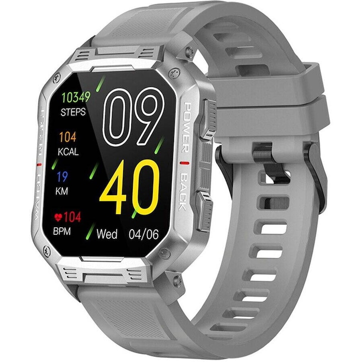 Smartwatch cu curea din silicon, Memento pentru primirea informatiilor, Pedometru, Compatibil IOS/Android, Negru