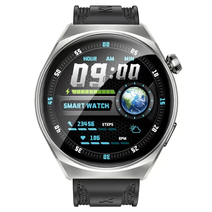 Smartwatch Kumi, 1.3 inch, argintiu-negru, silicon