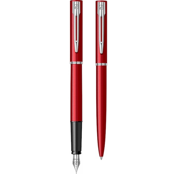 Set Waterman Allure cu stilou si pix metalic rosu mat accesorii cromate, in cutie cadou