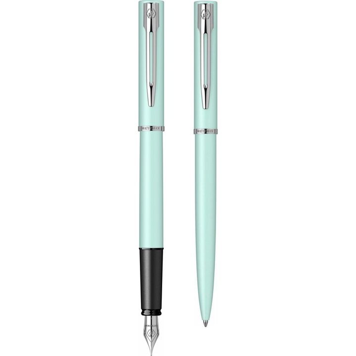 Set Waterman Allure cu stilou si pix metalic verde pastel mat, accesorii cromate, in cutie cadou