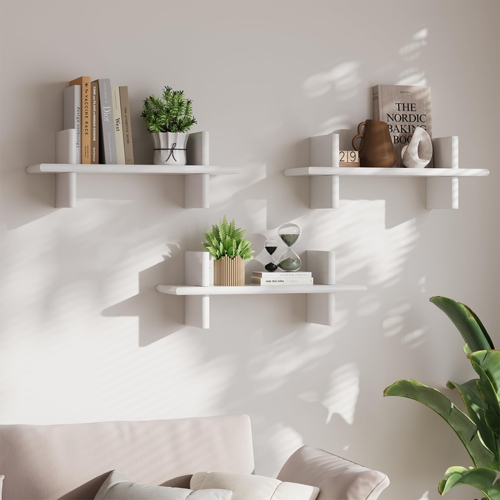 Hi-Home 3 db-os falra szerelhető fa polckészlet, lebegő polc, fali tároló konyhába, nappaliba, hálószobába, fürdőszoba dekoráció, könnyen összeszerelhető többfunkciós függő polc, fehér