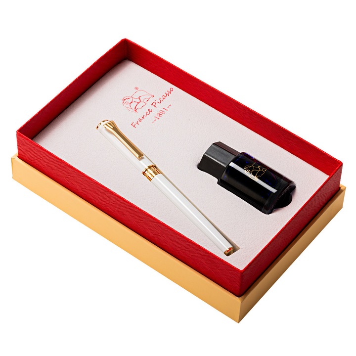 Set Stilou + Calimara Alb/Auriu PICASSO, metalic, penita F, 140x14mm