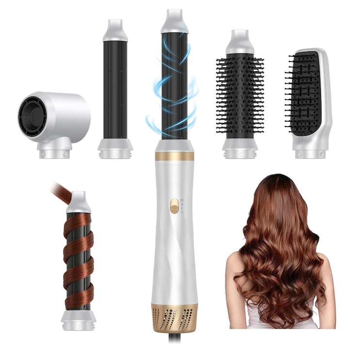 Маша за коса, Ultrixe, Мултифункционален сешоар 5 в 1, Отрицателна йонизация, 3 степени на скорост, 3 степени на температура, с технология Coanda, Бял