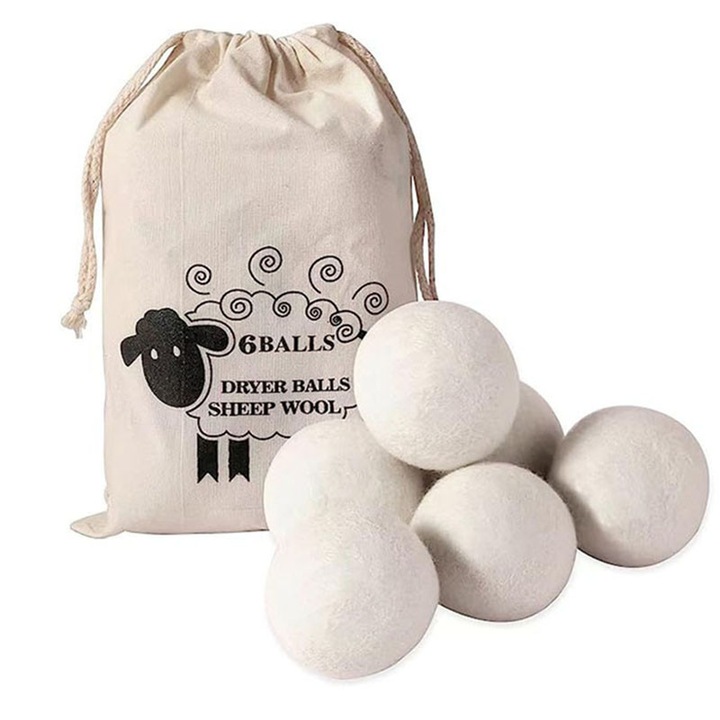 Set 6 Bile din Lana pentru Uscător, BOMSTOM, Reutilizabil, Alb, 7 cm