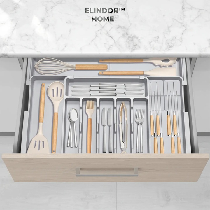 Organizator Extensibil Elindor® pentru Tacamuri si Ustensile de Bucatarie, 9 Compartimente, Sertar Extensibil 36.8-48.3 cm si 33.5 – 55.9 cm, Suport Ajustabil pentru Cutite, Linguri, Furculite, Gri