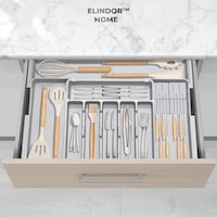 Organizator Extensibil Elindor® pentru Tacamuri si Ustensile de Bucatarie, 9 Compartimente, Sertar Extensibil 36.8-48.3 cm si 33.5 – 55.9 cm, Suport Ajustabil pentru Cutite, Linguri, Furculite, Gri