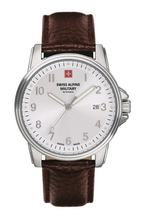 Swiss Alpine Military, Ceas quartz cu o curea de piele, Argintiu, Maro