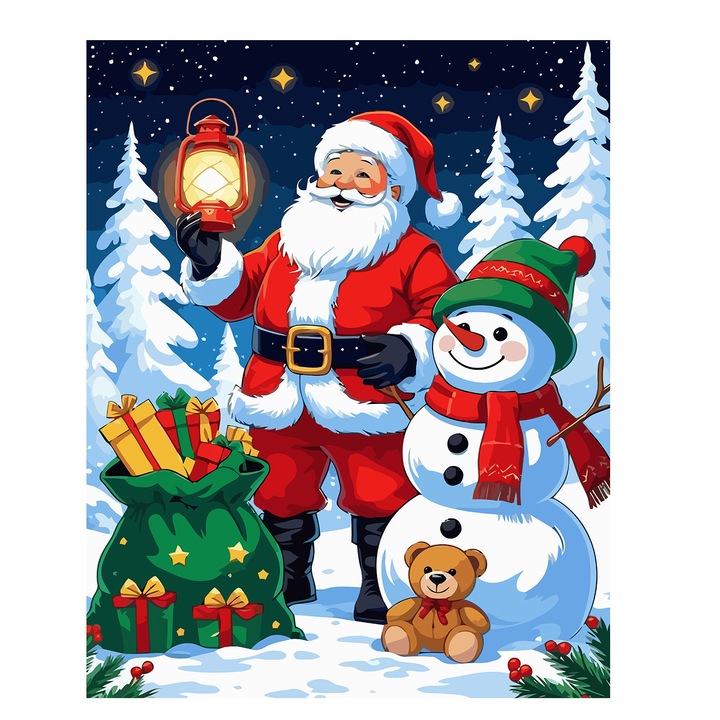 Set pictura pe numere Mos Craciun 6133, panza bumbac pe rama lemn, 40x50 cm, tablou cu schita, 3 pensule si vopsea acrilica