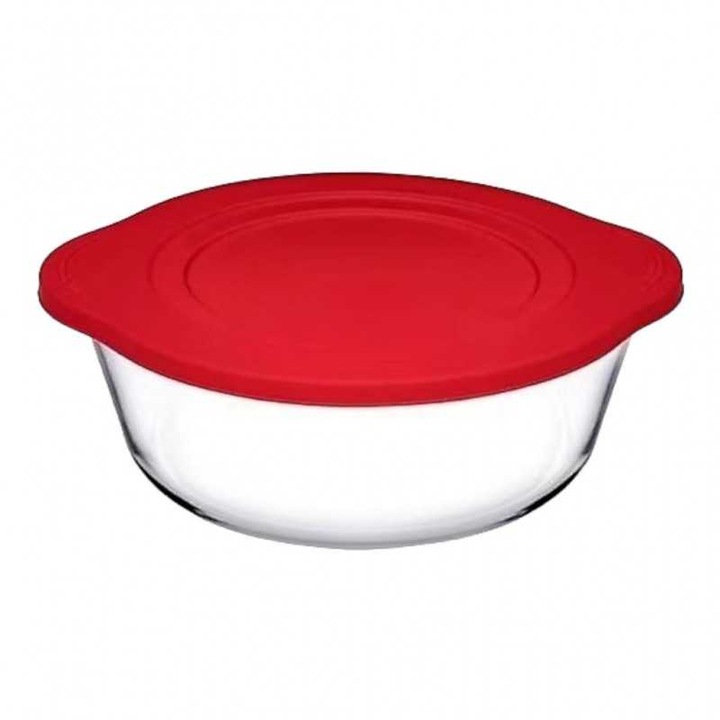 Vas rotund din sticla termorezistenta cu capac plastic rosu Pasabahce Borcam 1450 ml set 2 buc