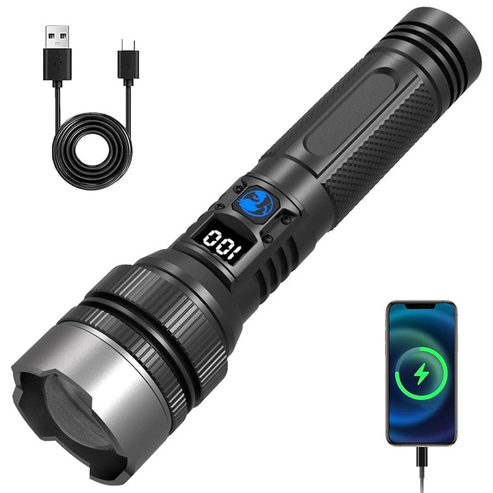 LumiX Pro Charge – Акумулаторен LED тактически фенер, цифров дисплей, функция Power Bank, регулируем зуум, 5 режима на осветление, удължен живот на батерията, USB зареждане, водоустойчив, идеален за къмпинг и туризъм, черен