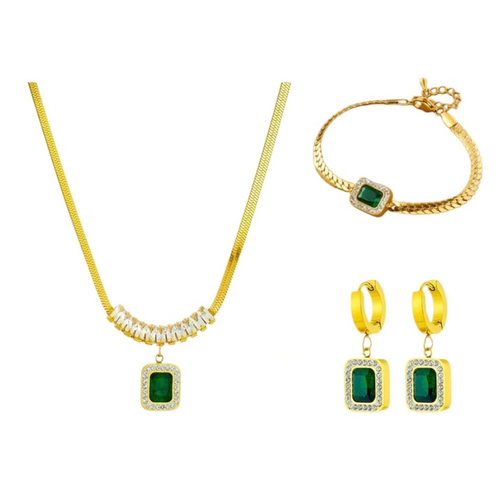 Set bijuterii dama, bratara, colier, cercei, auriu/verde, Dactylion®