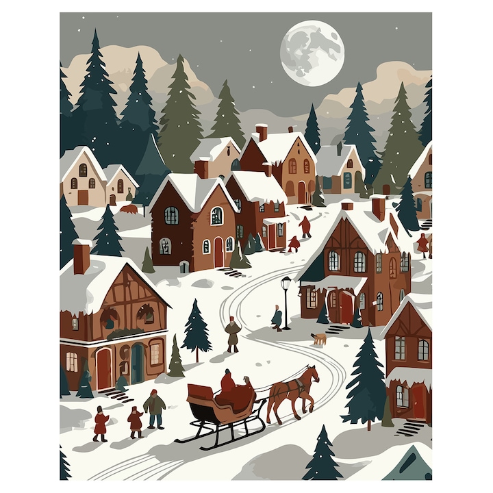 Set pictura pe numere Iarna in orasel 6134, panza bumbac pe rama lemn, 90x120 cm, tablou cu schita, 3 pensule si vopsea acrilica