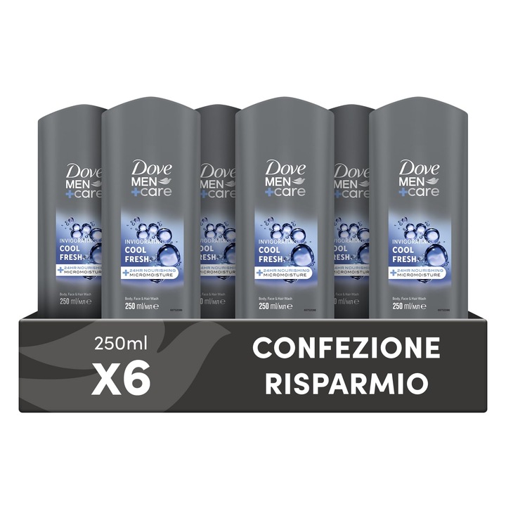 Dove Men+Care 3 az 1-ben hidratáló tusfürdő férfiaknak, 6x250ml szett, mikro-hidratáló technológiával