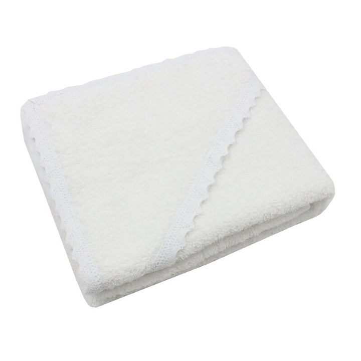 Prosop cu gluga, Delia cu dantela, bumbac, alb, 80 x 90 cm