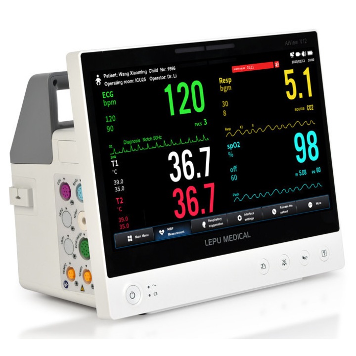 Monitor pacienti multiparametru 13.3” cu ECG 5 canale, SpO2, NIBP, RESP, temperatura, ecran tactil Full HD, Wi-Fi, baterie 4h