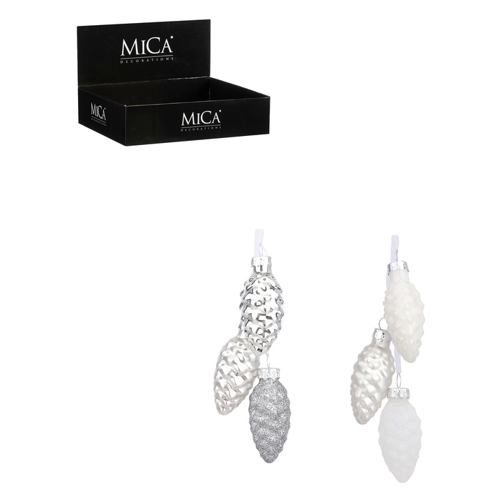 Set de 2 pachete a cate 3 conuri alb argintiu, 6x3 cm