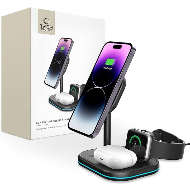 Stație de încărcare 3-in-1 TECH-PROTECT MagSafe pentru smartphone, Apple Watch, AirPods, wireless, 15W, negru
