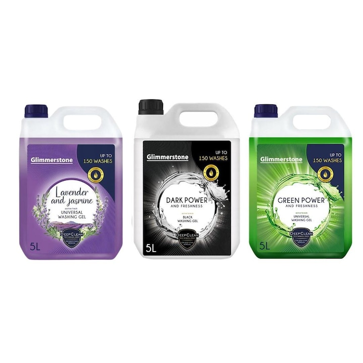 Detergent Rufe Gel Profesional Premium Glimmerstone Germania, pentru haine albe, color si haine negre 3x5 litri-450 spalari