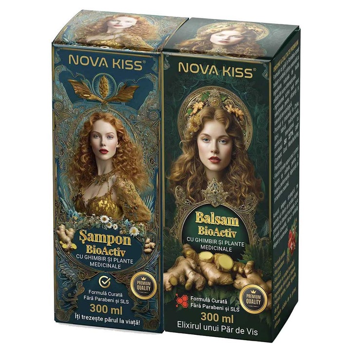 Set Sampon si Balsam cu Ghimbir Impotriva Caderii Parului, Efect Regenerator, Formula Premium Fara Parabeni si SLS, NOVA KISS®, 2 x 300 ml