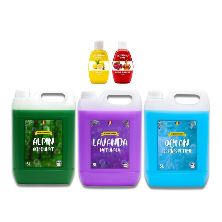 Prémium Folyékony Mosószer, 15L-es Csomag és 2 Ajándék, Alpesi, Levendula és Óceán, Univerzális, Hatékony Tisztítás, Kíméletes a Bőrhöz és a Szövetekhez, 300 Mosás, 3x5L