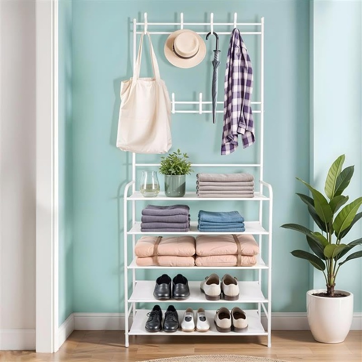 Cuier modular Belle Vous alb, 5 niveluri, set cu rafturi pentru pantofi, 8 cârlige