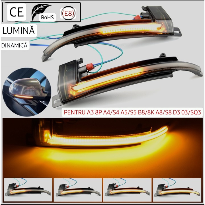 Set 2 Semnalizari Dinamice Oglinda AUDI B8, A4 S4 2008-2009, A5 S5 2007-2009, A6 S6 2008-2011, A8 S8 2008-2010, Q3 2012-2015, LED, Canbus fara eroare, Plug & Play, Lumina secventiala progresiva, Culoare Galben