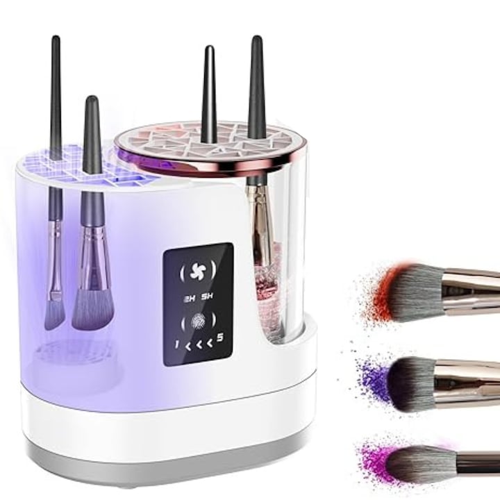 Aparat Profesional 3-in-1 Curatare, Uscare si Sterilizare UV Pensule Machiaj, 850 RPM, Cap Silicon Universal, Touch LCD, USB Reincarcabil, Rapid & Silentios, Ideal pt Toate Tipurile de Pensule, Alb