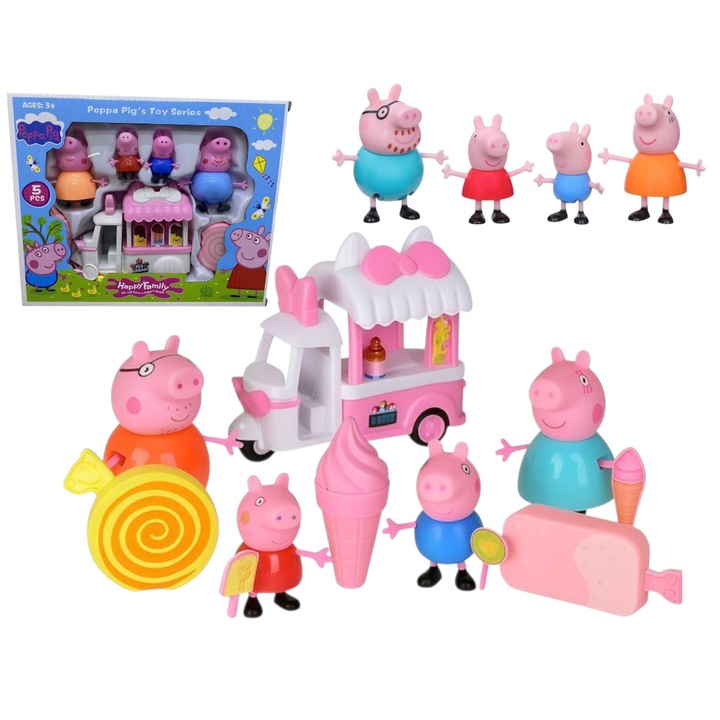 Jucarie Set Peppa Pig Set „Familia Fericita "– Rulota cu inghetata” – set 5 figurine + camioneta, accesorii, multifunctional Jucarie Educativa pentru Copii