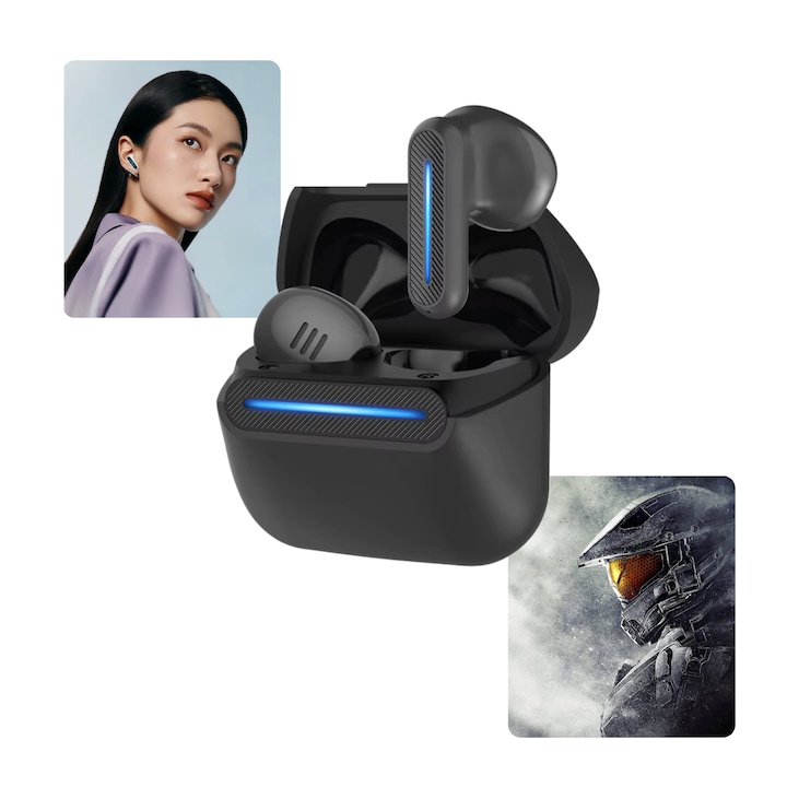 BIZAIMO TG10 vezeték nélküli gaming fülhallgató, In-ear vezeték nélküli hang, Bluetooth fülhallgató, Bluetooth 5.3, ENC zajszűrés, 24 órás üzemidő, Érintésvezérlés, IPX5, 50 ms késleltetés, HD mikrofon, RGB, Kettős mód: Gaming & Zene, Univerzális, Fekete