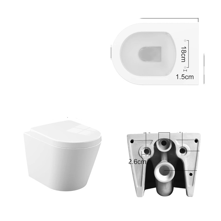 Vase de toaleta, ceramica, design montat pe perete, sistem de spalare cu jet de sifon, capac obisnuit, dimensiuni mici