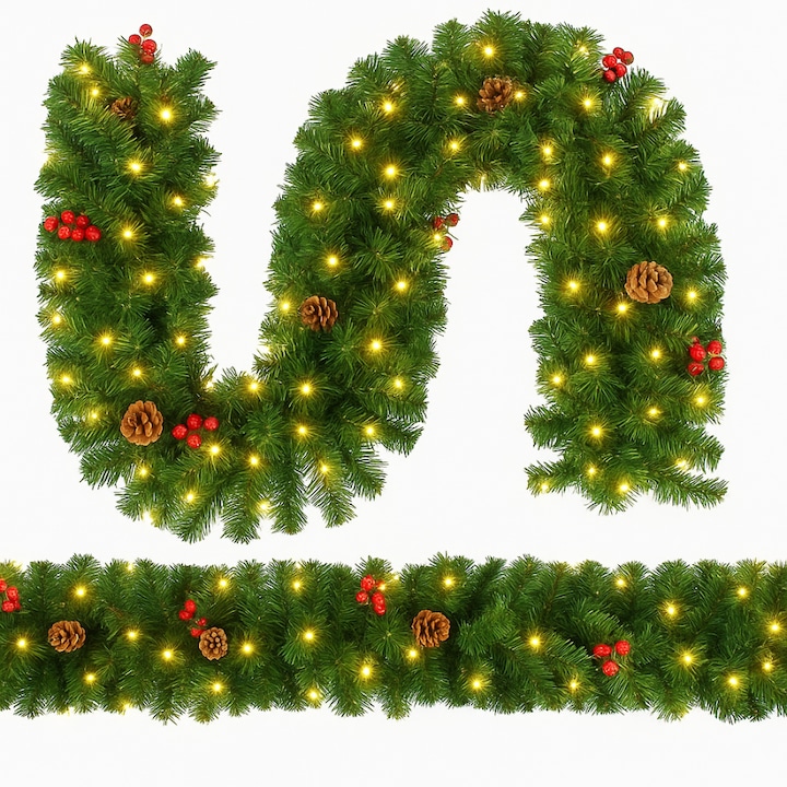 Ghirlanda decorativa de brad cu lumini Led, Zola, pentru Craciun, alb cald, conuri, fructe rosii, 270 x 28 cm