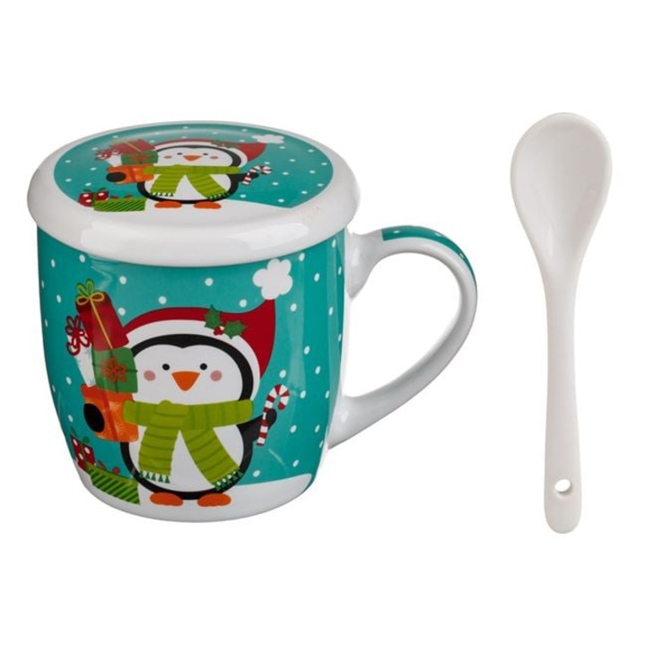 Set Cana Craciun Portelan 350ml Alb Verde Marin Pinguin Cadouri Cu Capac Si Lingura Shopiens®