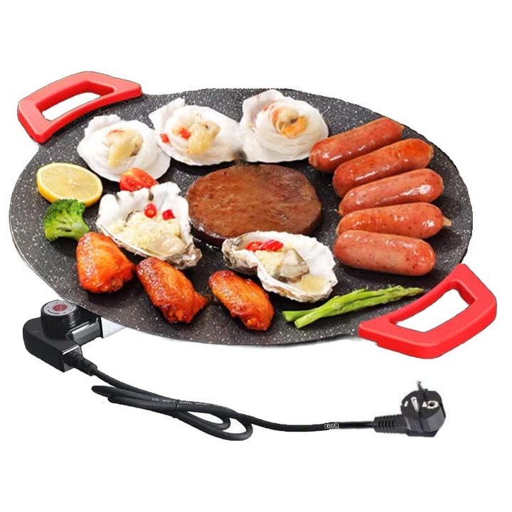 EDAR Japán Elektromos Wok Főzőlap, 30 cm átmérő, Tapadásmentes Felület, Fekete/Piros