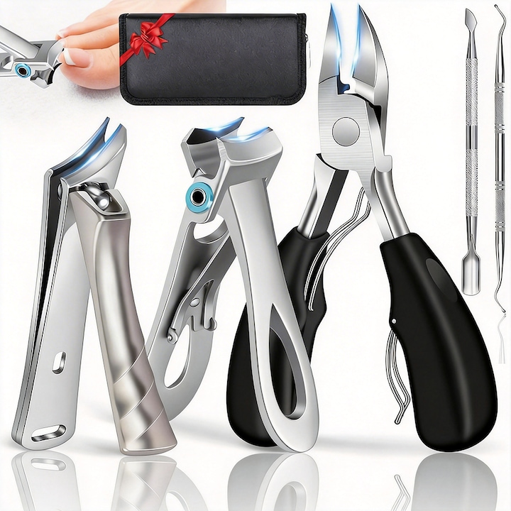 Trusa Manichiura Pedichiura, Tressino, Foarfeca, Unghiera, 6 piese, Pila, Cleste Cuticule, Profesionala, Etui Depozitare, Design Ergonomic Antialunecare, Pentru Unghii Dure, Groase si Incarnate, Otel Inoxidabil, Negru/Argintiu