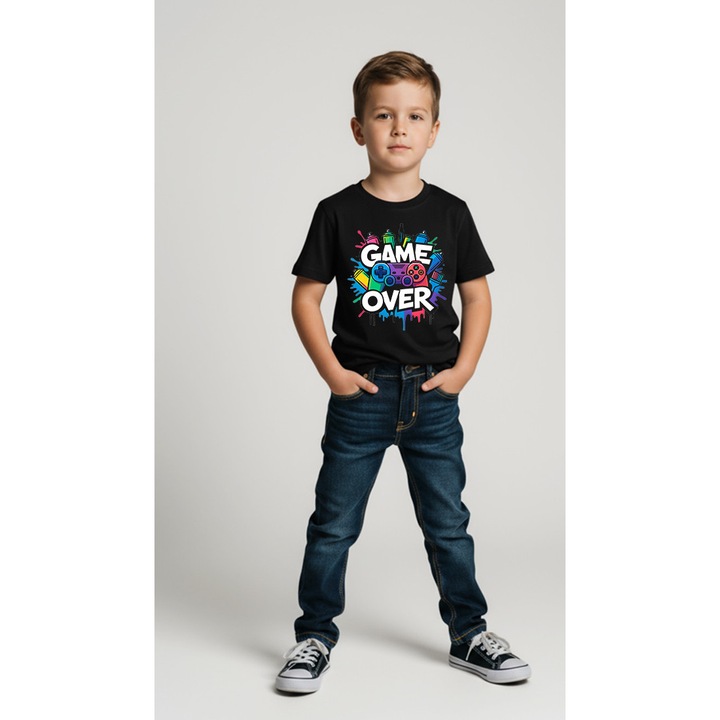 Tricou copii baieti 100% bumbac – imprimeu ‘Game Over’, Negru