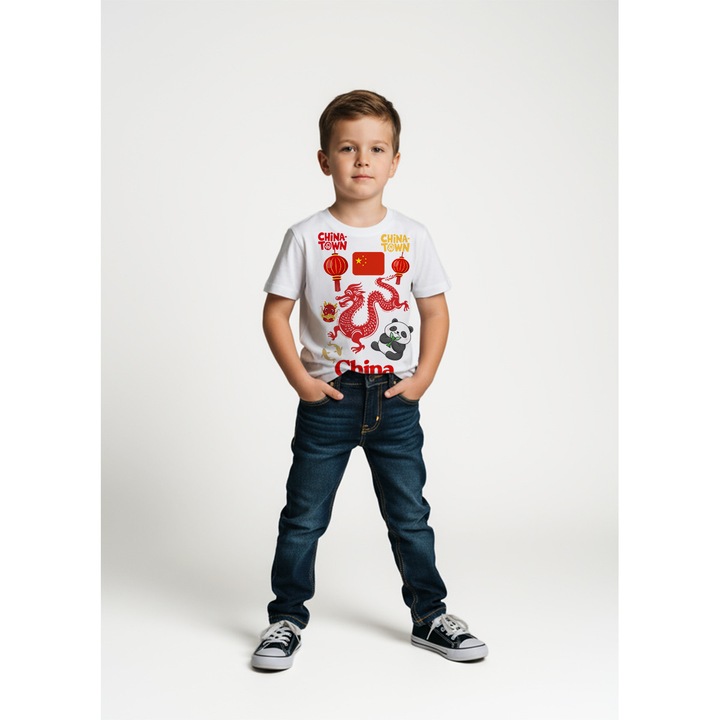 Tricou copii baieti 100% bumbac – imprimeu colorat „China Town”, Alb