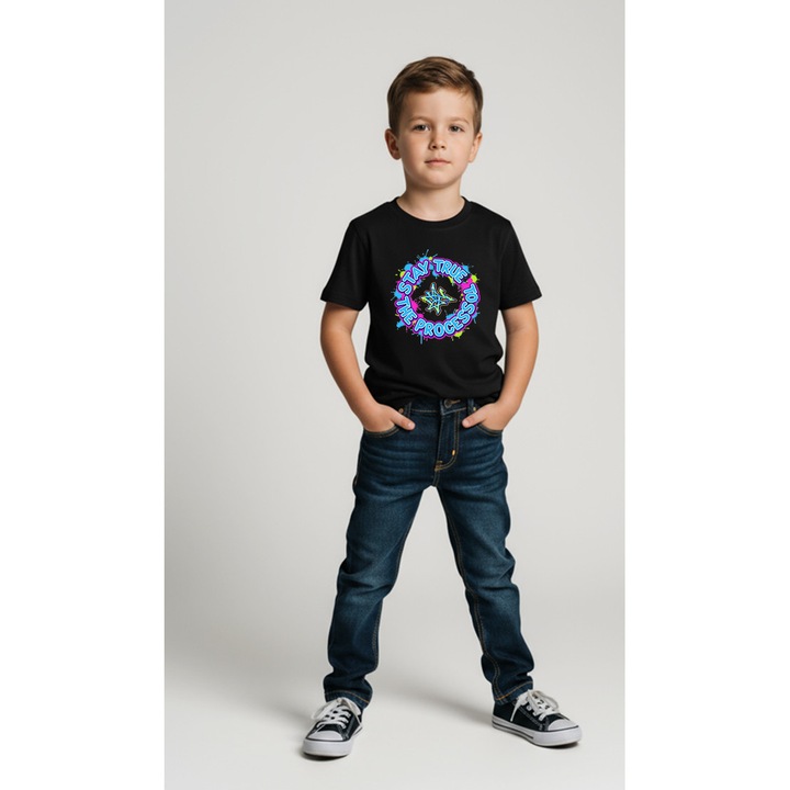 Tricou copii baieti 100% bumbac – imprimeu colorat „Stay True to the Process”, Negru