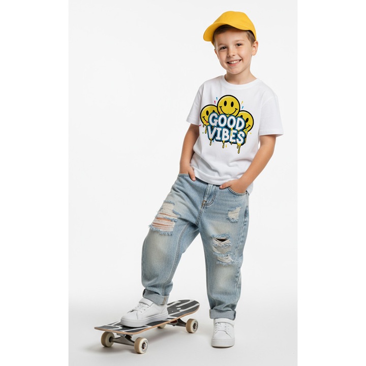 Tricou copii alb bumbac 100% – imprimeu „Good Vibes"