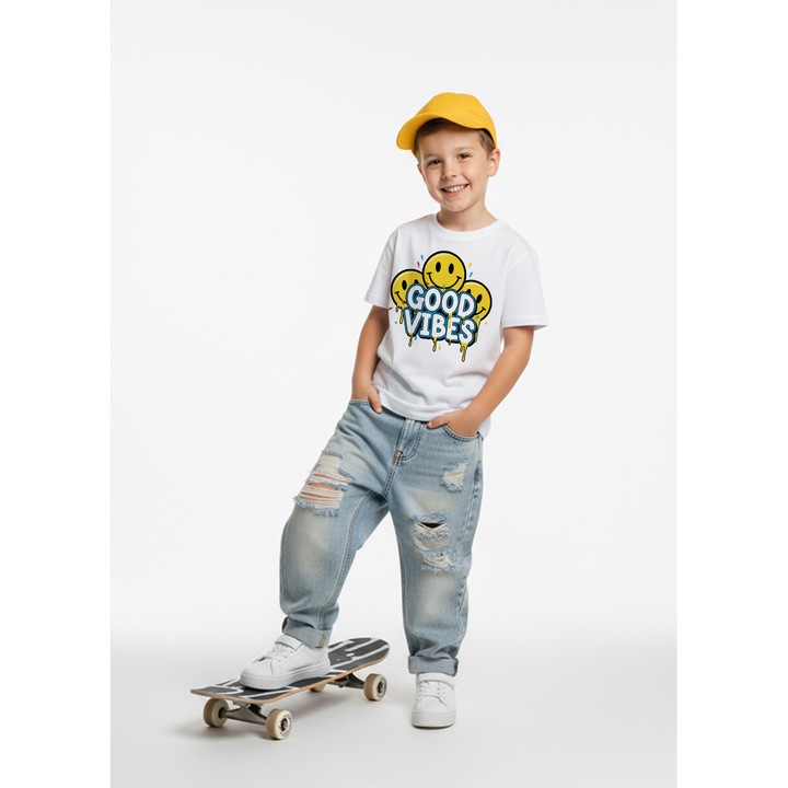 Tricou copii alb bumbac 100% – imprimeu „Good Vibes, Alb
