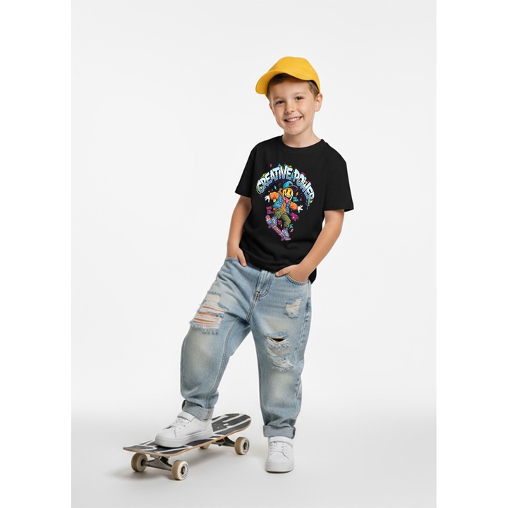 Tricou copii bumbac 100% – imprimeu „Creative Power Skater”, Negru