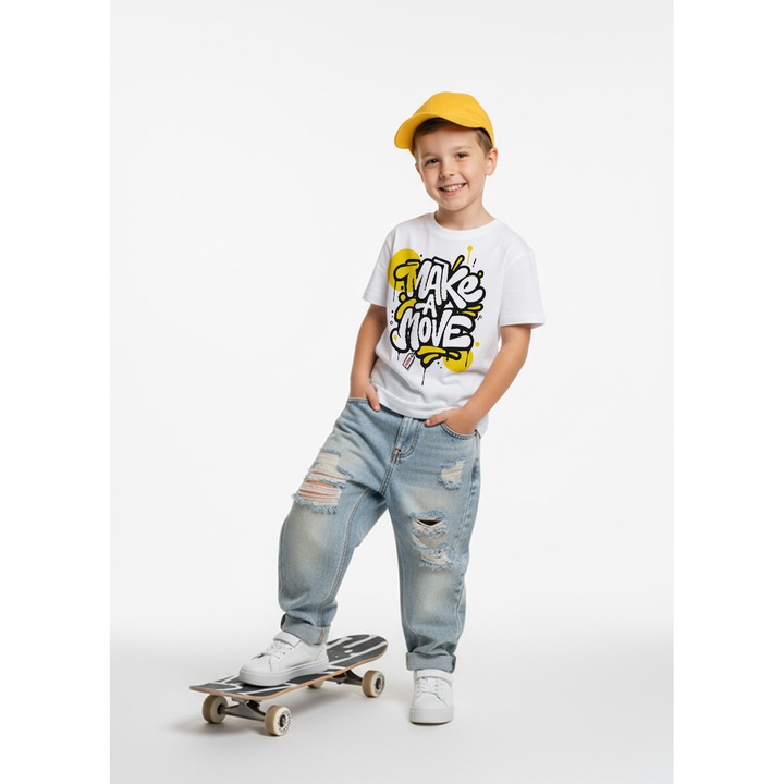 Tricou copii alb bumbac 100% – imprimeu „Make a Move” graffiti-urban motivational