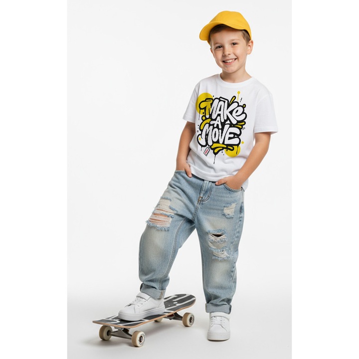 Tricou copii alb bumbac 100% – imprimeu „Make a Move” graffiti urban motivational