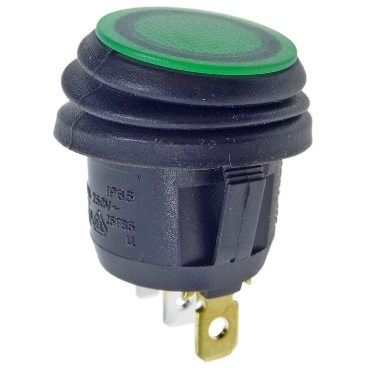Intrerupator ROCKER SPST 2 pozitii OFF-ON, impermeabil IP65, verde, 10A/250VAC, negru