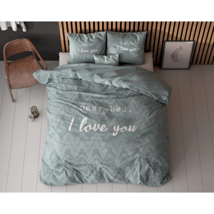 Lenjerie de pat Sleeptime I Love Bed Green, set 3 piese, 200x200/220cm, microfibra, antialergic, verde