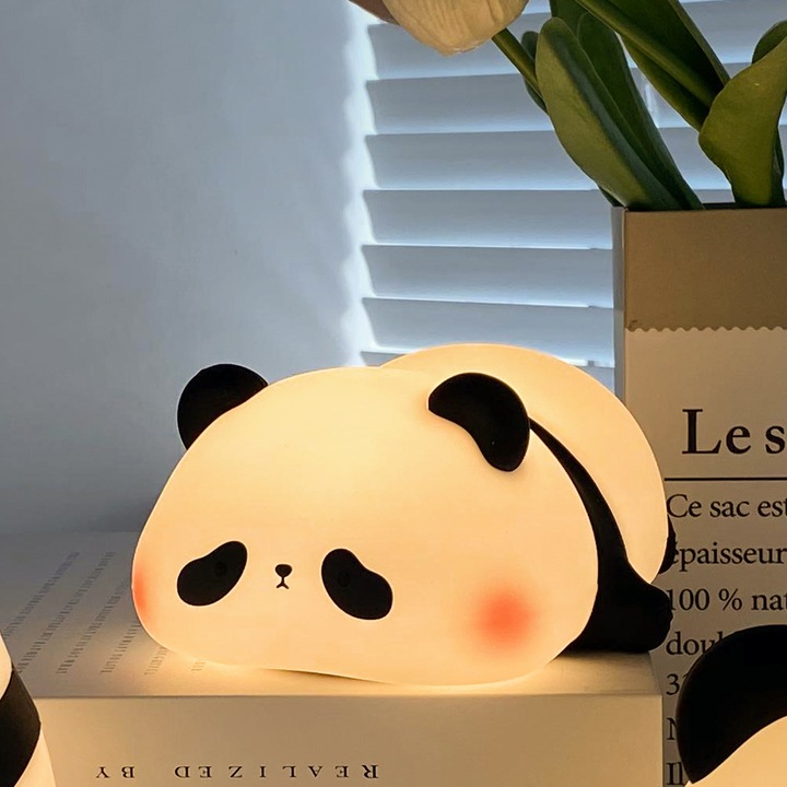 Lampa de Veghe Panda Silicon Moale, Omelivon®，Lumina Calda Fara Flickering, Control prin Touch, Autonomie Lunga,3 Nivele Luminozitate, Incarcare USB - Lampa Cadou Copii, Lampa Alaptare Bebelus ，