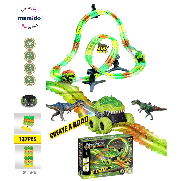 Mamido Pista auto dinozaur Zero Gravity 132 piese, 318 cm, rotatie 360°